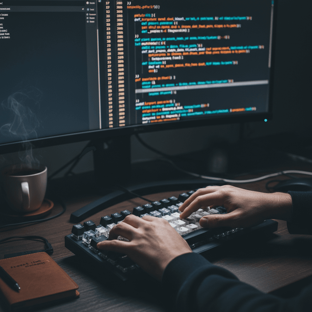 Developer testing AI code on keyboard