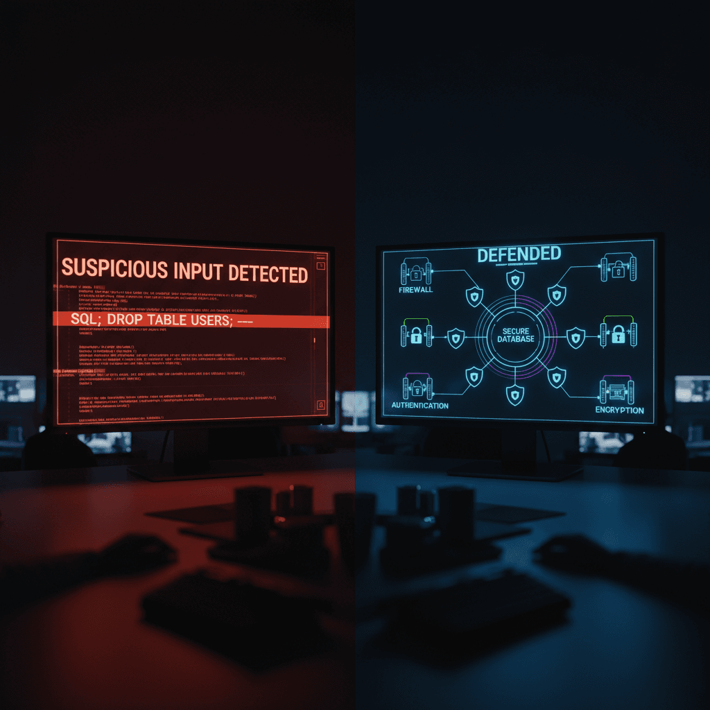 Security testing visualization showing malicious input blocked by defenses